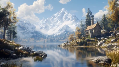 Quiet stone chapel listens to snowy peaks across the lake