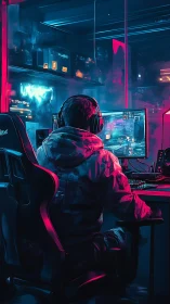 Neon-soaked gamer commands cyberpunk battle station control.