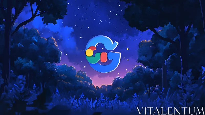 Glowing letter G icon floats over stylized night forest