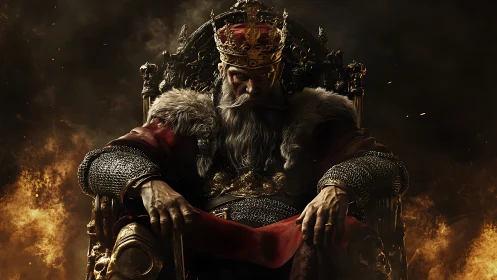 Weathered king on a burning throne of silent resolve.