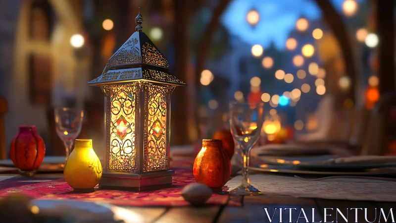 Intricate metal lantern on bokeh-lit outdoor banquet table.
