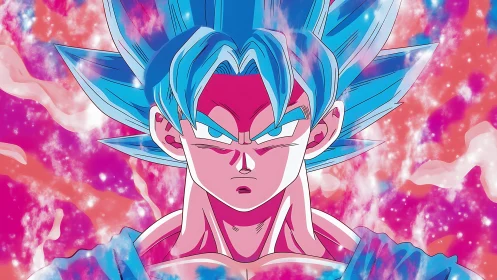 Blue haired anime warrior amid glowing cosmic aura.