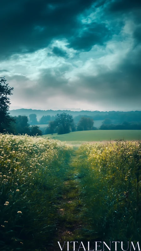 Moody countryside path beneath brooding teal storm clouds.