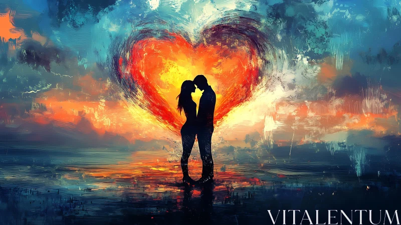 Silhouetted figures embracing before luminous heart form.