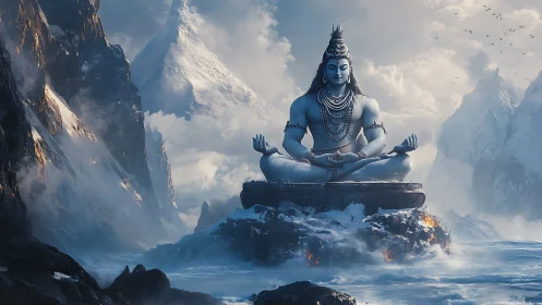 Lord Shiva seated in meditation amid icy mountain peaks.