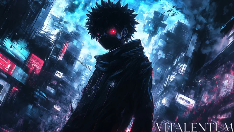 Neon-eyed vigilante stalking through rain-soaked cyber city.