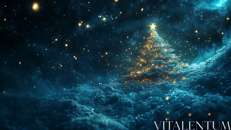Starlit Christmas tree glowing softly in a dreamy night sky.
