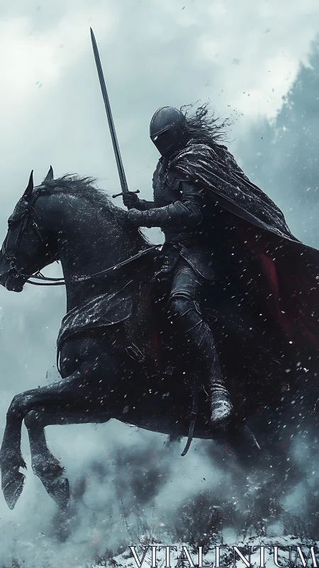 Armored knight on rearing warhorse in harsh winter storm.