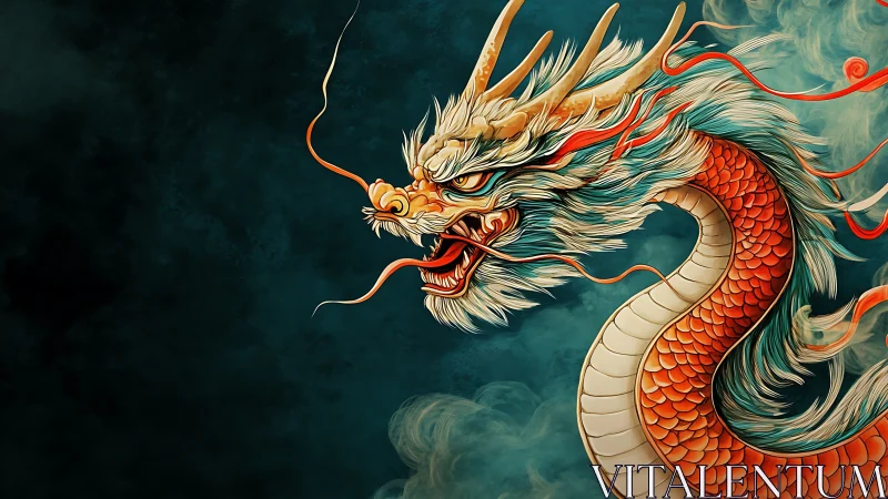 Storm-tongued celestial dragon coils through teal mist.