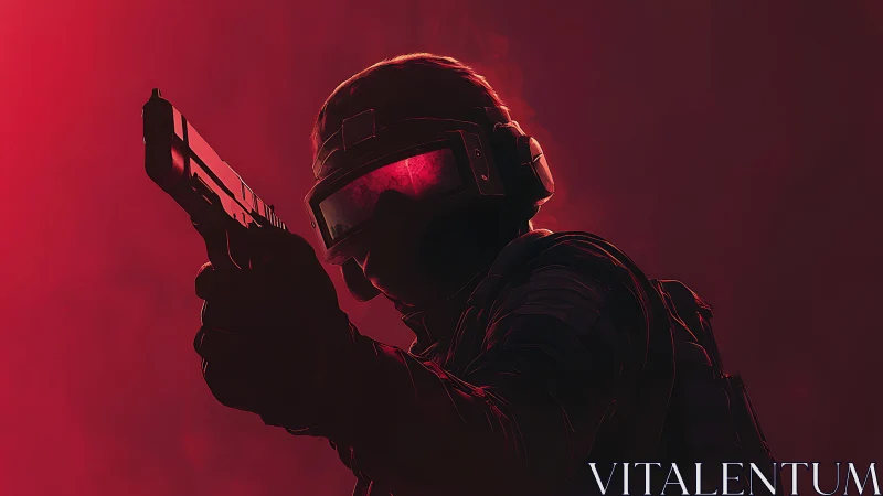 Armored tactical figure aims handgun against red background