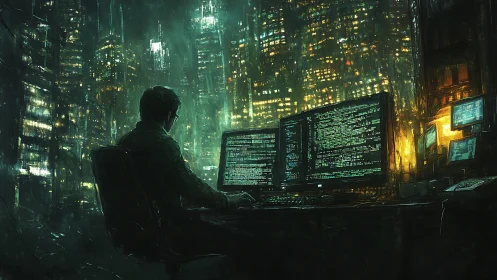 Cyberpunk workstation in neon-drenched high-rise interior painting.