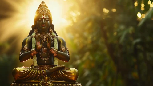 Sunlit forest deity in golden meditation glow.