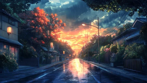Rain-soaked suburban street at sunset with reflective asphalt glow
