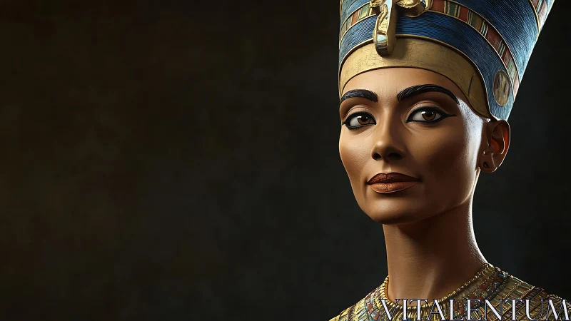 Regal Egyptian queen in jeweled crown gazes through ages.