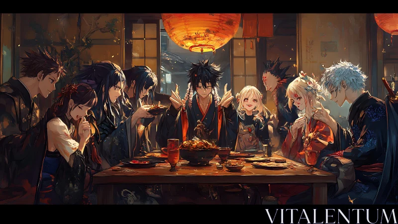 Anime friends share festive dinner in warm lantern light