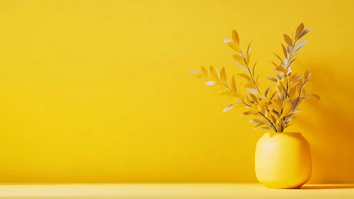 Sunlit yellow vase and leaves in calm minimal glow.