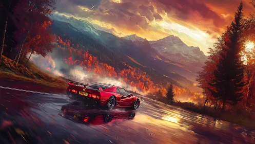 Red sports car on wet mountain road at sunset landscape.