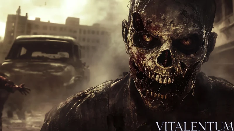 Decayed humanoid figure in ruined urban street environment.