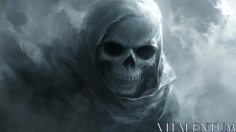 Atmospheric spectral skull entity in volumetric grey fog field.