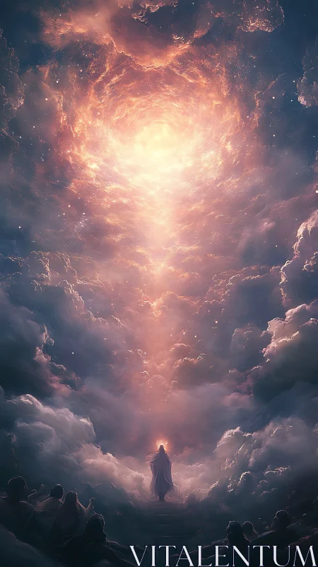 Digital painting of celestial ascension within radiant vortex.