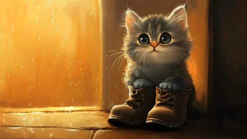 Kitten in Work Boots: Warm Tonal Digital Composition.