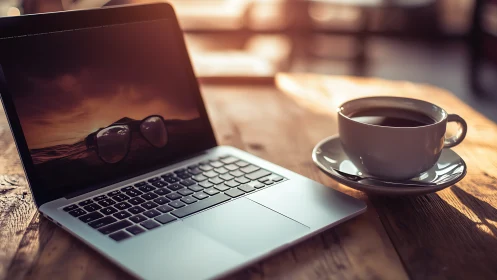 Cozy laptop and coffee moment on a sunlit wooden table.