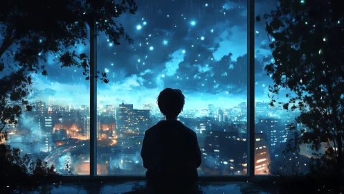 Solitary figure watches neon city under radiant night sky.