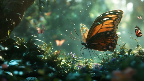 Sunlit forest stage turns butterfly wings into glowing sails