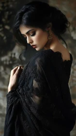 Brunette woman in black embroidered sari, soft side light