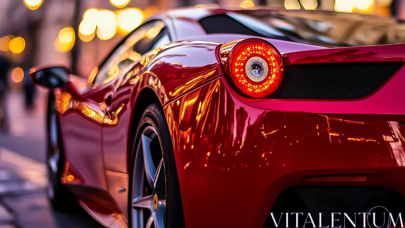 Red sports coupe rear view with urban street reflections.