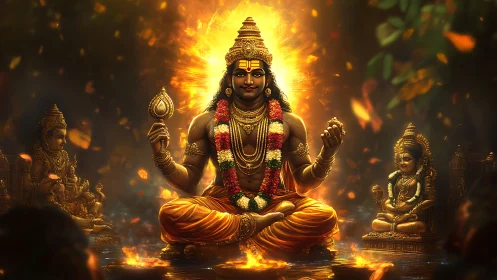 Central seated deity figure is rendered in luminous digital style