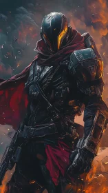 Fearless sci fi warrior striding through molten twilight.