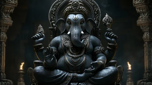 High-detail 3D render of ornate seated Ganesha idol in temple
