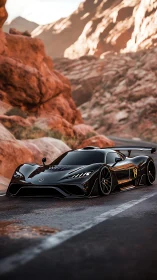Sleek black supercar glides through warm desert canyon road