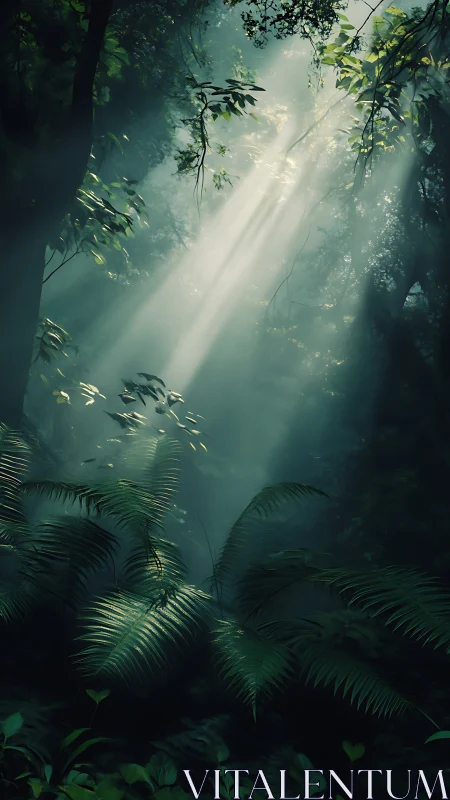 Luminous Rainforest Canopy: Crepuscular Rays Through Verdant Foliage.