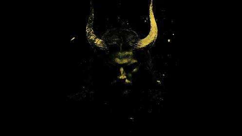 Horned shadow figure in minimal yellow splatter portrait.