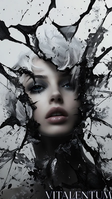 Shattered glass reveals a hauntingly serene silver haired face