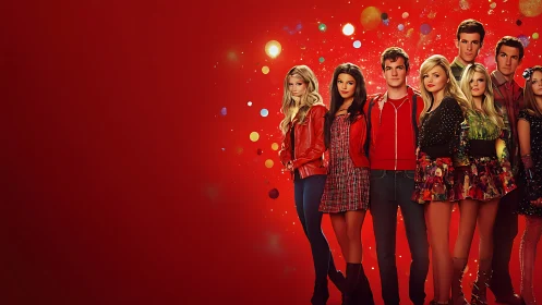 Ensemble of stylized youths on saturated red backdrop stands united