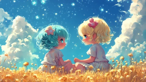 Luminous chibi duet under volumetric clouds and starfield.