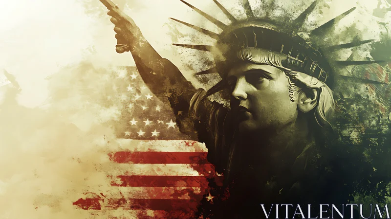 Textured Liberty statue portrait with distressed US flag overlay.