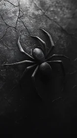 Black spider on textured dark stone surface in overhead view.