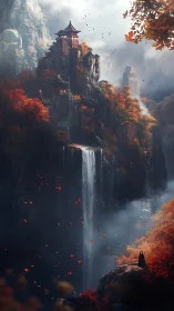 Clifftop temple overlooks tall waterfall and autumn valley