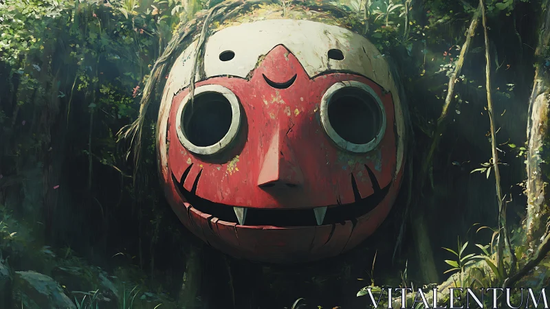Colossal red forest mask idol with weathered painted surface.