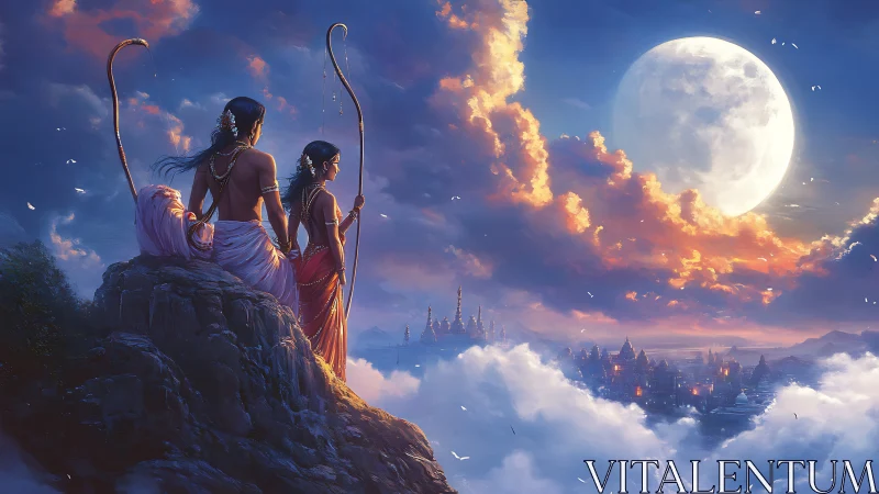 Fantasy moonlit citadel with robed figures on rocky overlook.