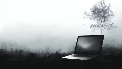 Laptop rests in foggy monochrome field with distant tree
