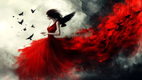 Winged female figure stands amid red and black smoke plume