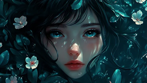 Nocturnal floral portrait with luminous teal-eyed maiden.