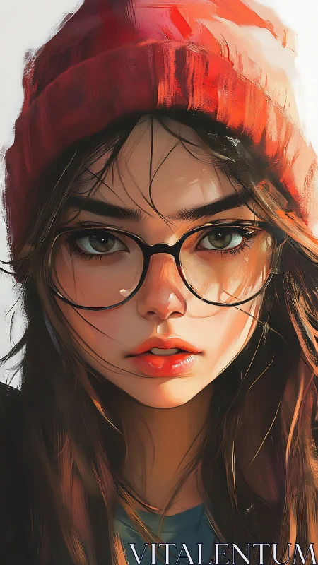 Portrait of girl with red beanie and glasses in soft light