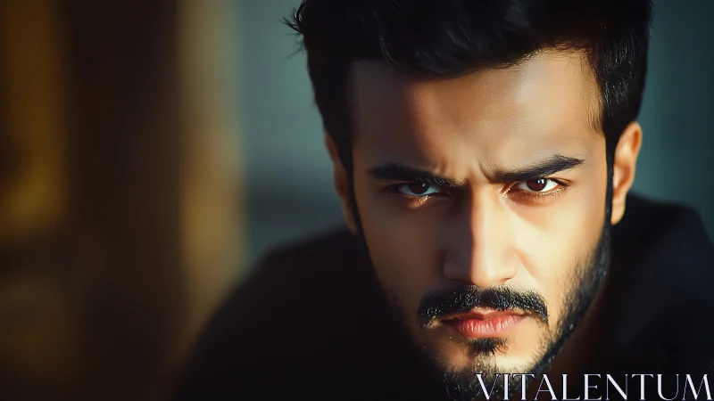 Intense closeup of serious bearded man in moody light.