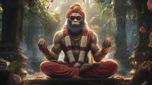 Hanuman-inspired monkey deity meditating in jungle temple.